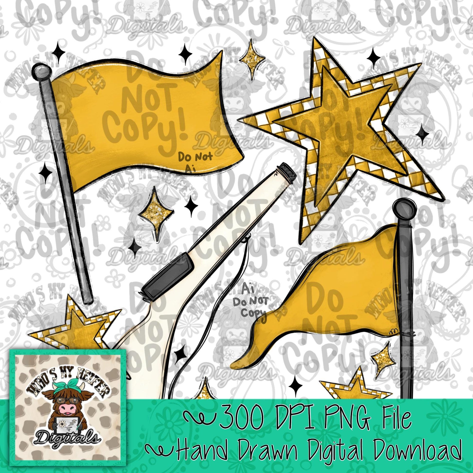 Yellow & White Retro Color Guard PNG Hand Drawn Flag and Rifle Color Guard Team Sublimation File Checkered Game Day Majorette Shirt Design