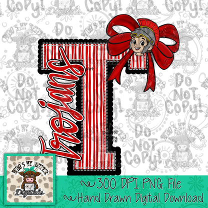 Trojan Varsity Letter Bow PNG Hand Drawn Mascot Scallop Seeksucker Letter Sublimation File Stripe School Spirit Idea Game Day Shirt Design