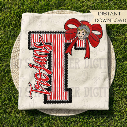 Trojan Varsity Letter Bow PNG Hand Drawn Mascot Scallop Seeksucker Letter Sublimation File Stripe School Spirit Idea Game Day Shirt Design