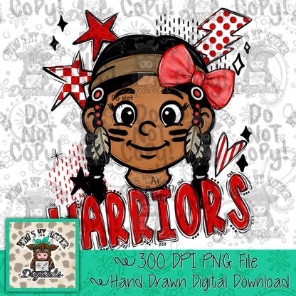 Red & White Warriors PNG Hand Drawn Warrior with Bow Sublimation PNG Game Day Shirt Design School Spirit PNG Retro Kid Mascot Doodle Art