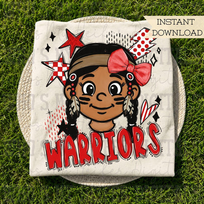 Red & White Warriors PNG Hand Drawn Warrior with Bow Sublimation PNG Game Day Shirt Design School Spirit PNG Retro Kid Mascot Doodle Art