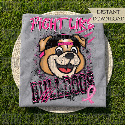 Retro Fight Like Bulldogs PNG Hand Drawn Distressed Bulldog & Pink Hat Sublimation File Breast Cancer Shirt Design School Spirit Mascot DTF
