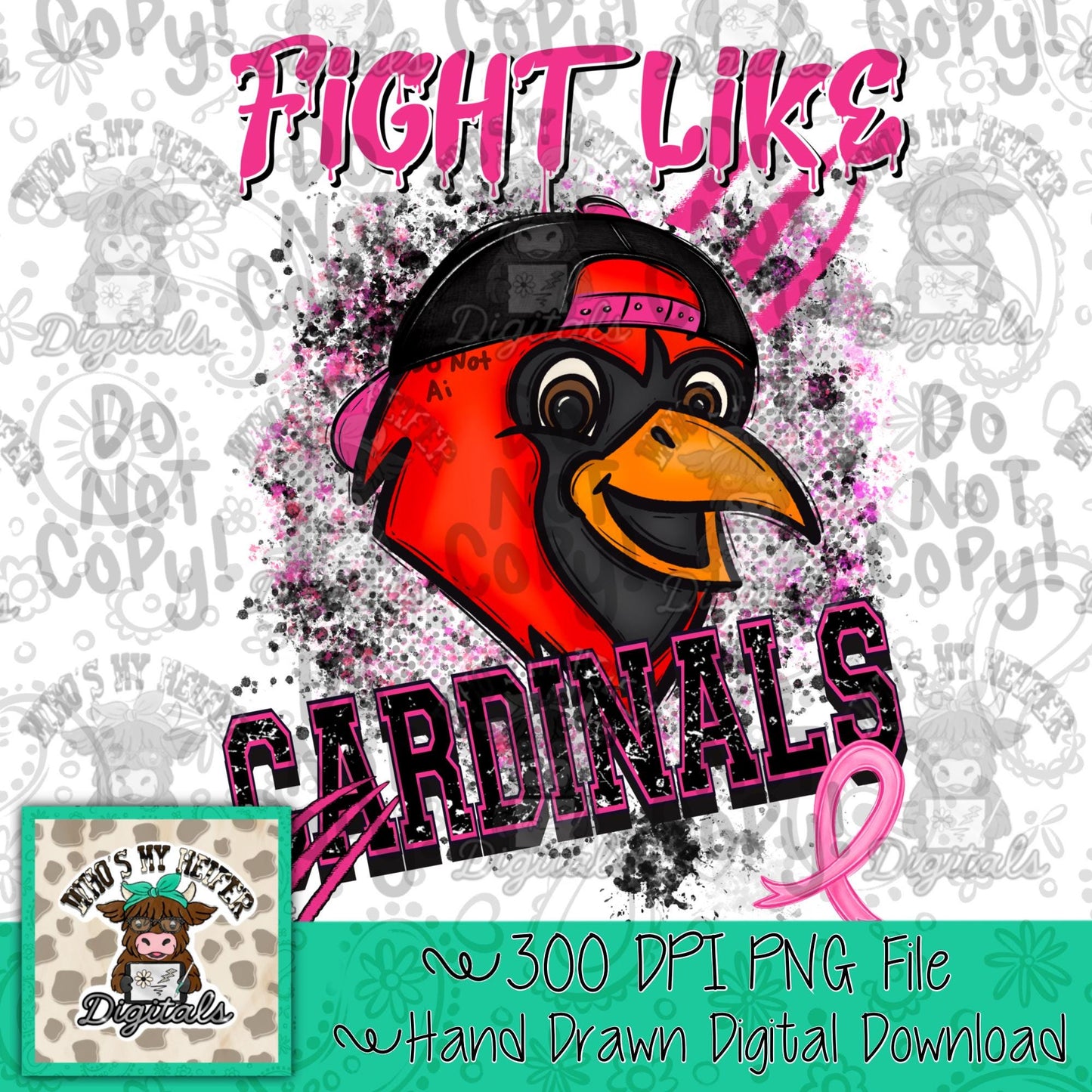 Retro Fight Like Cardinals PNG Hand Drawn Distressed Cardinal & Pink Hat Sublimation File Breast Cancer Shirt Design School Spirit Mascot
