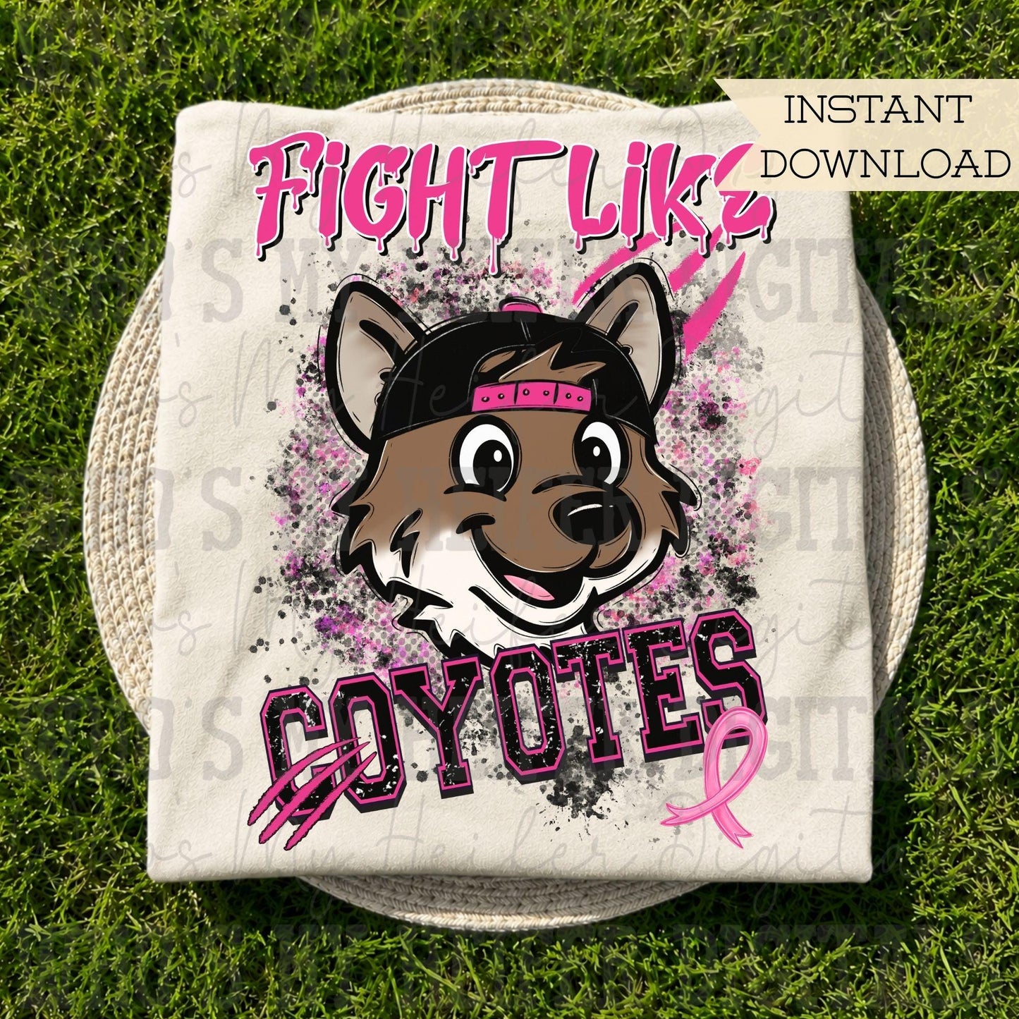 Retro Fight Like Coyotes PNG Hand Drawn Distressed Coyote & Pink Hat Sublimation File Breast Cancer Shirt Design School Spirit Mascot