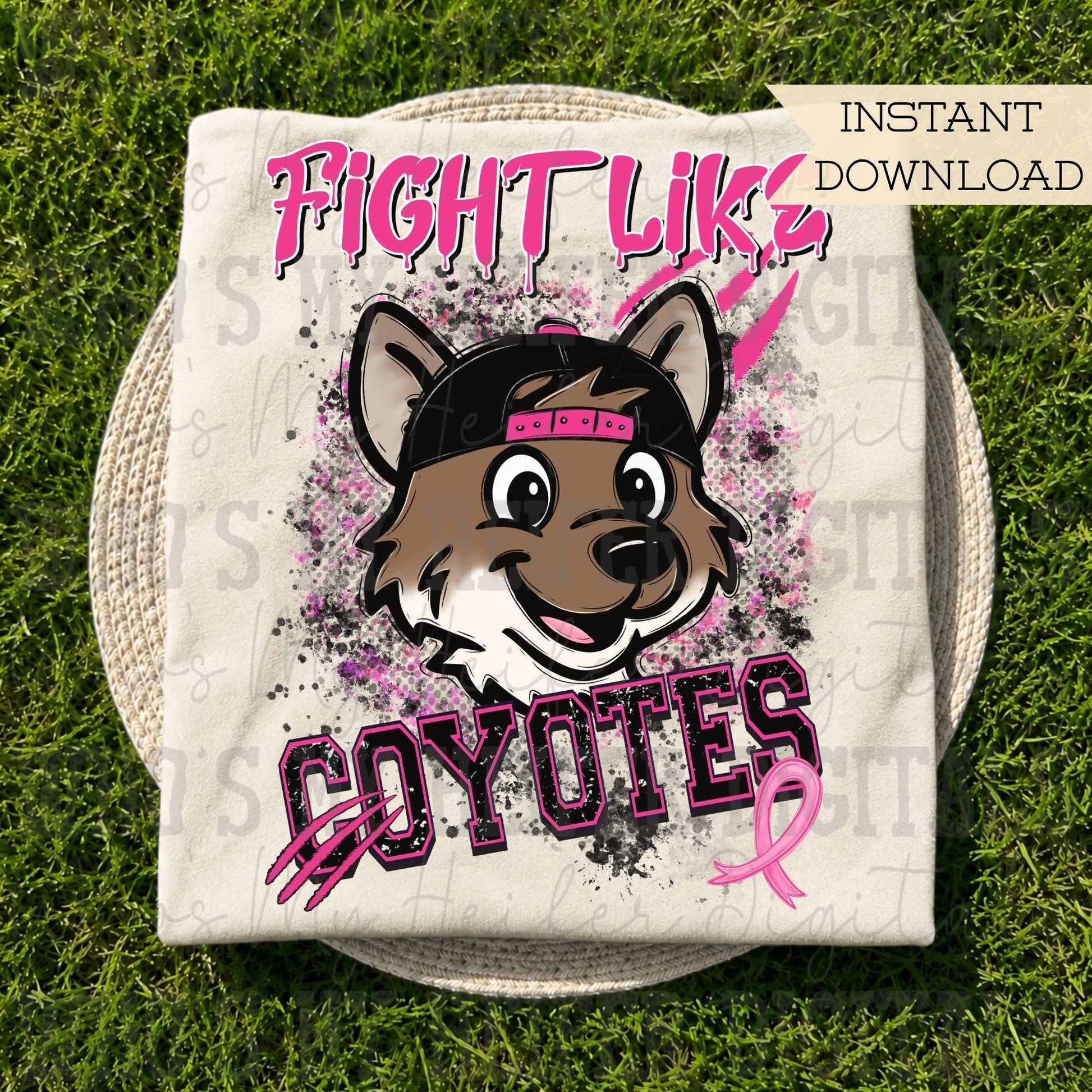 Retro Fight Like Coyotes PNG Hand Drawn Distressed Coyote & Pink Hat Sublimation File Breast Cancer Shirt Design School Spirit Mascot