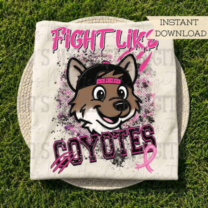 Retro Fight Like Coyotes PNG Hand Drawn Distressed Coyote & Pink Hat Sublimation File Breast Cancer Shirt Design School Spirit Mascot