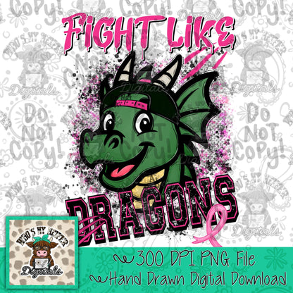 Retro Fight Like Dragons PNG Hand Drawn Distressed Dragon & Pink Hat Sublimation File Breast Cancer Shirt Design School Spirit Mascot