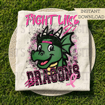 Retro Fight Like Dragons PNG Hand Drawn Distressed Dragon & Pink Hat Sublimation File Breast Cancer Shirt Design School Spirit Mascot
