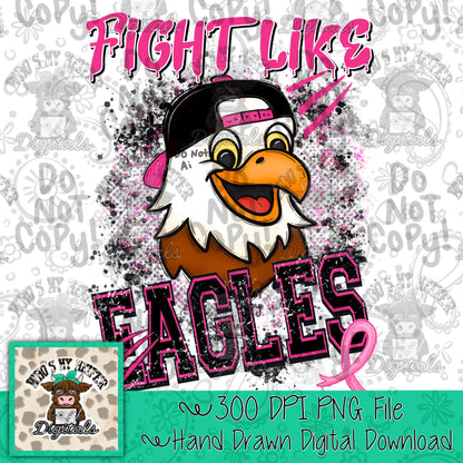 Retro Fight Like Eagles PNG Hand Drawn Distressed Eagle & Pink Hat Sublimation File Breast Cancer Shirt Design School Spirit Mascot