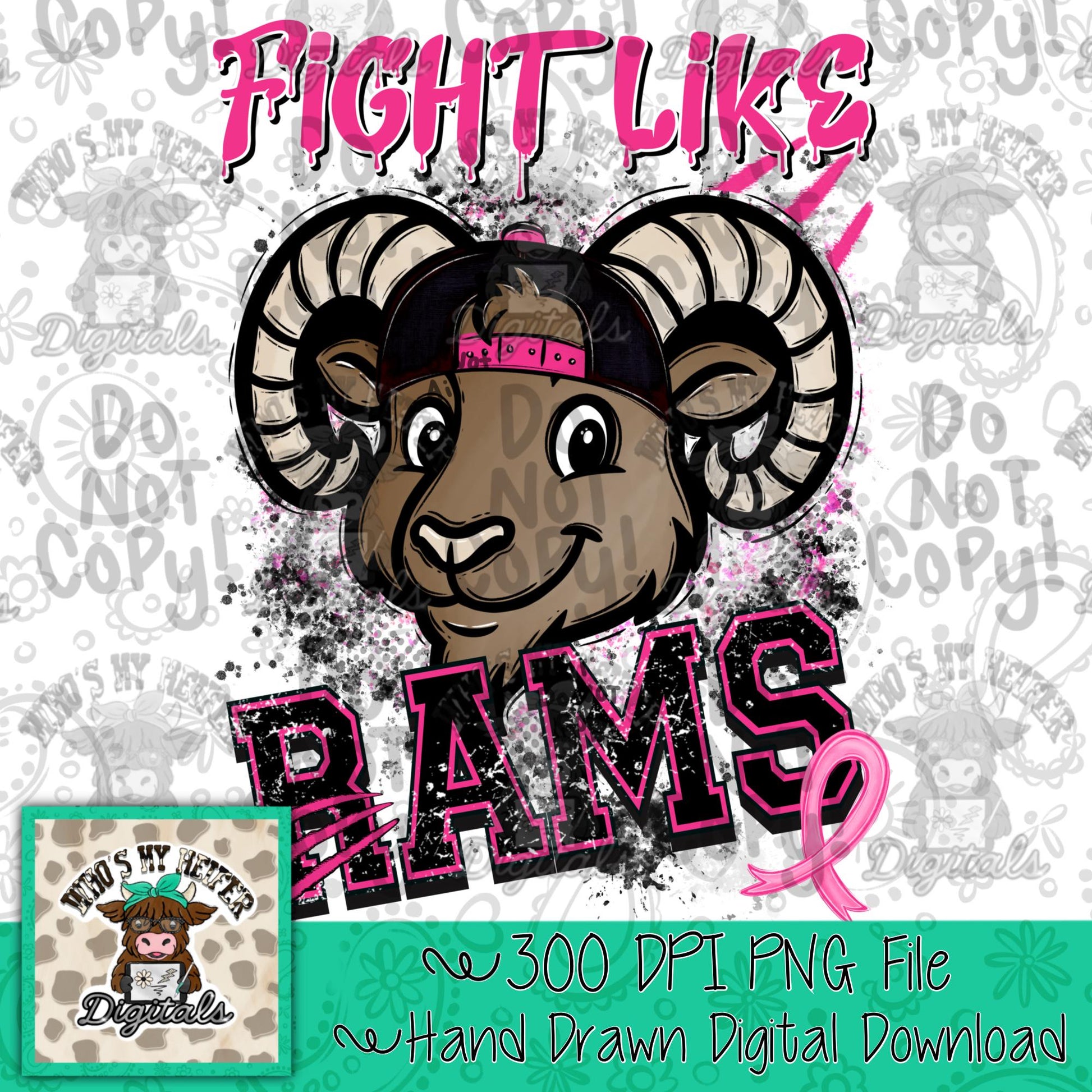 Retro Fight Like Rams PNG Hand Drawn Distressed Ram & Pink Hat Sublimation File Breast Cancer Shirt Design School Spirit Mascot DTF