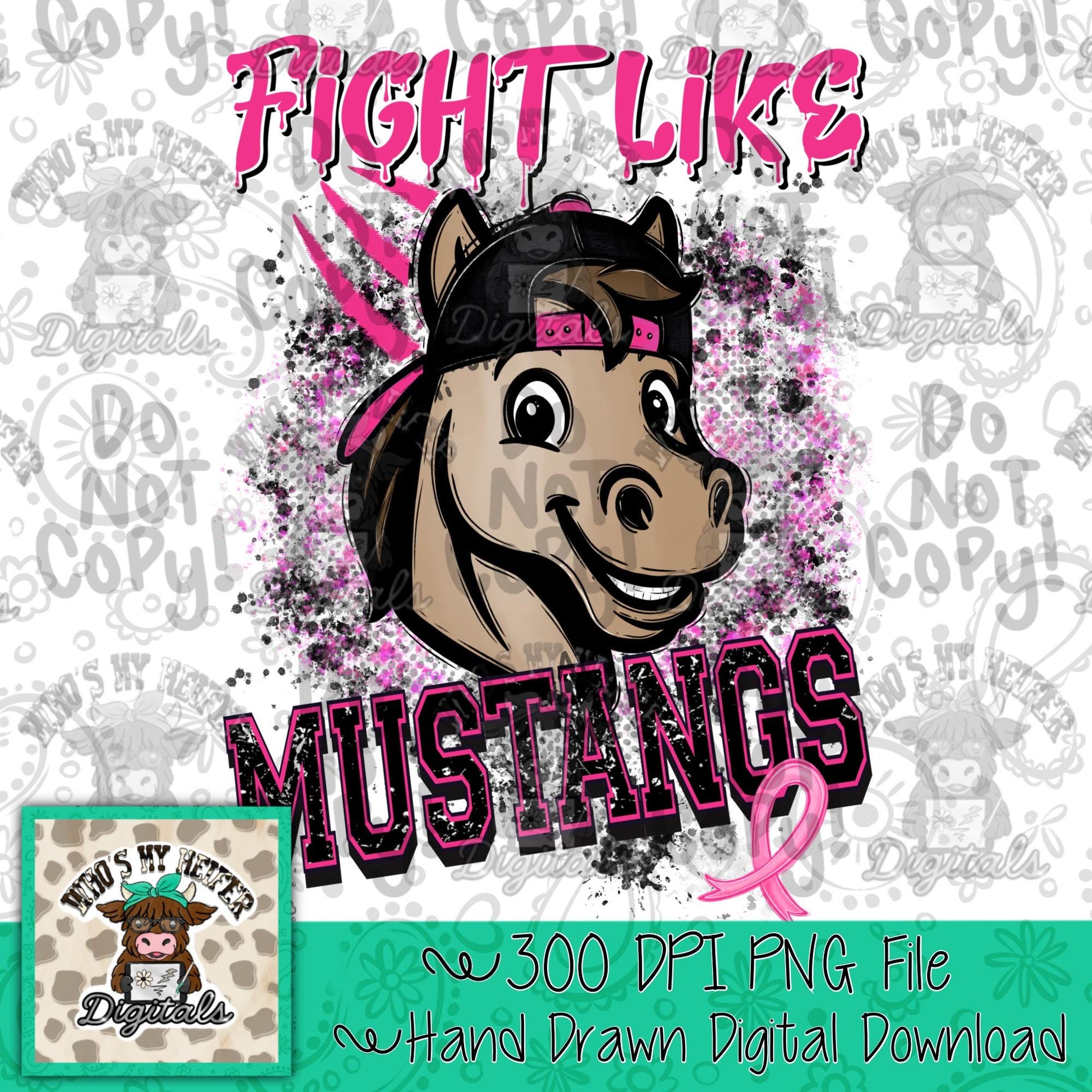 Retro Fight Like Mustangs PNG Hand Drawn Distressed Mustang & Pink Hat Sublimation File Breast Cancer Shirt Design School Spirit Mascot DTF