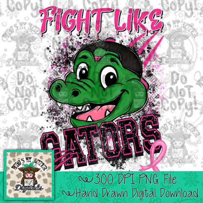 Retro Fight Like Gators PNG Hand Drawn Distressed Gator & Pink Hat Sublimation File Breast Cancer Shirt Design School Spirit Mascot DTF