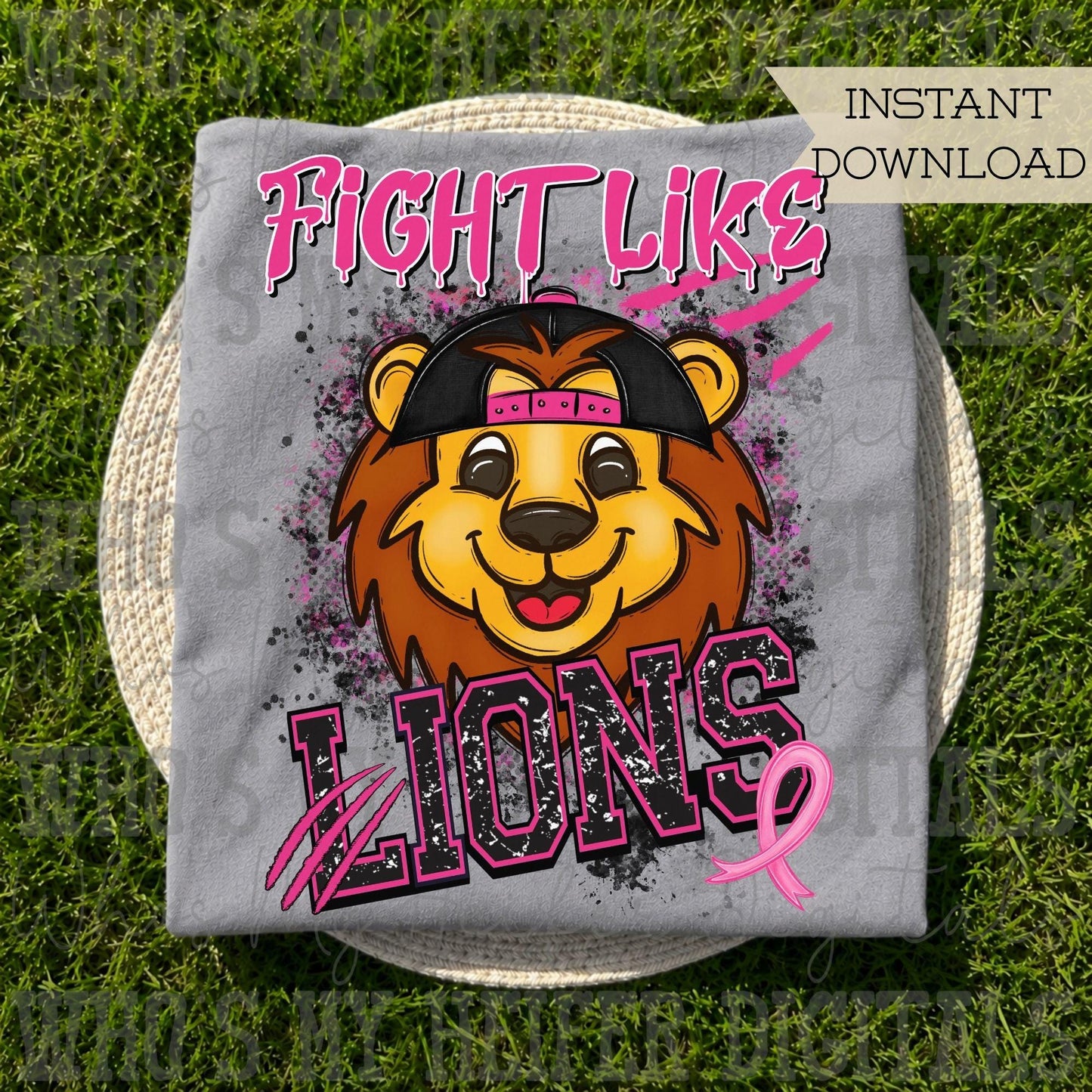 Retro Fight Like Lions PNG Hand Drawn Distressed Lion & Pink Hat Sublimation File Breast Cancer Shirt Design School Spirit Mascot DTF