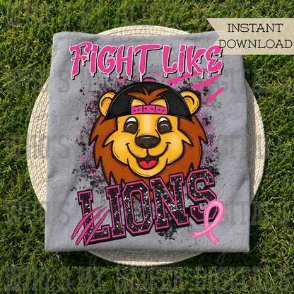 Retro Fight Like Lions PNG Hand Drawn Distressed Lion & Pink Hat Sublimation File Breast Cancer Shirt Design School Spirit Mascot DTF