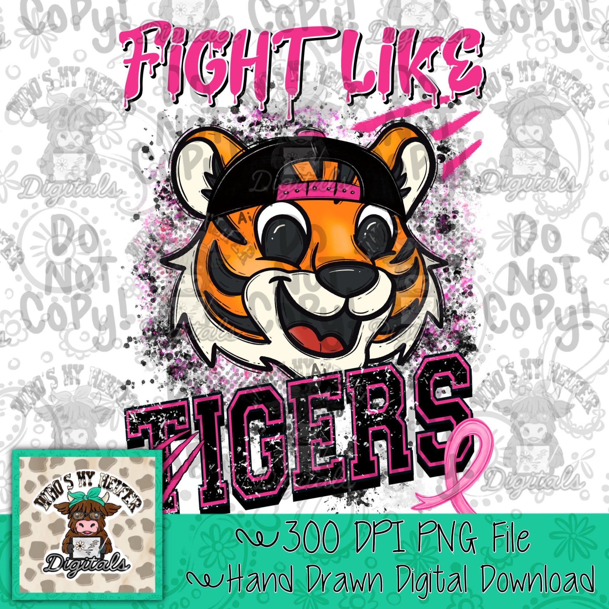 Retro Fight Like Tigers PNG Hand Drawn Distressed Tiger & Pink Hat Sublimation File Breast Cancer Shirt Design School Spirit Mascot DTF
