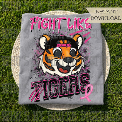 Retro Fight Like Tigers PNG Hand Drawn Distressed Tiger & Pink Hat Sublimation File Breast Cancer Shirt Design School Spirit Mascot DTF