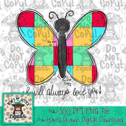 Colorful Whimsical Butterfly PNG Hand Drawn Faux Quilted Butterfly Sublimation File Dolly Theme Shirt Design Dollywood Digital Download