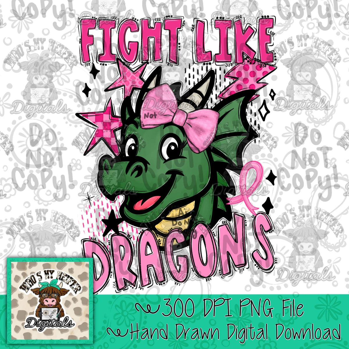 Retro Fight Like Dragons PNG Hand Drawn Distressed Dragon & Pink Bow Sublimation File Breast Cancer Shirt Design Girly School Spirit Mascot