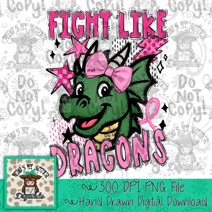 Retro Fight Like Dragons PNG Hand Drawn Distressed Dragon & Pink Bow Sublimation File Breast Cancer Shirt Design Girly School Spirit Mascot