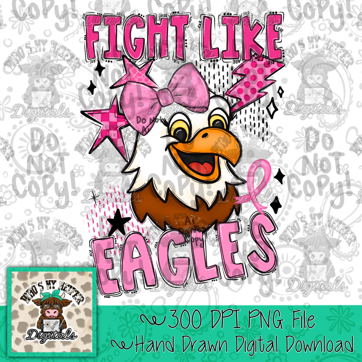 Retro Fight Like Eagles PNG Hand Drawn Distressed Eagle & Pink Bow Sublimation File Breast Cancer Shirt Design Girly School Spirit Mascot