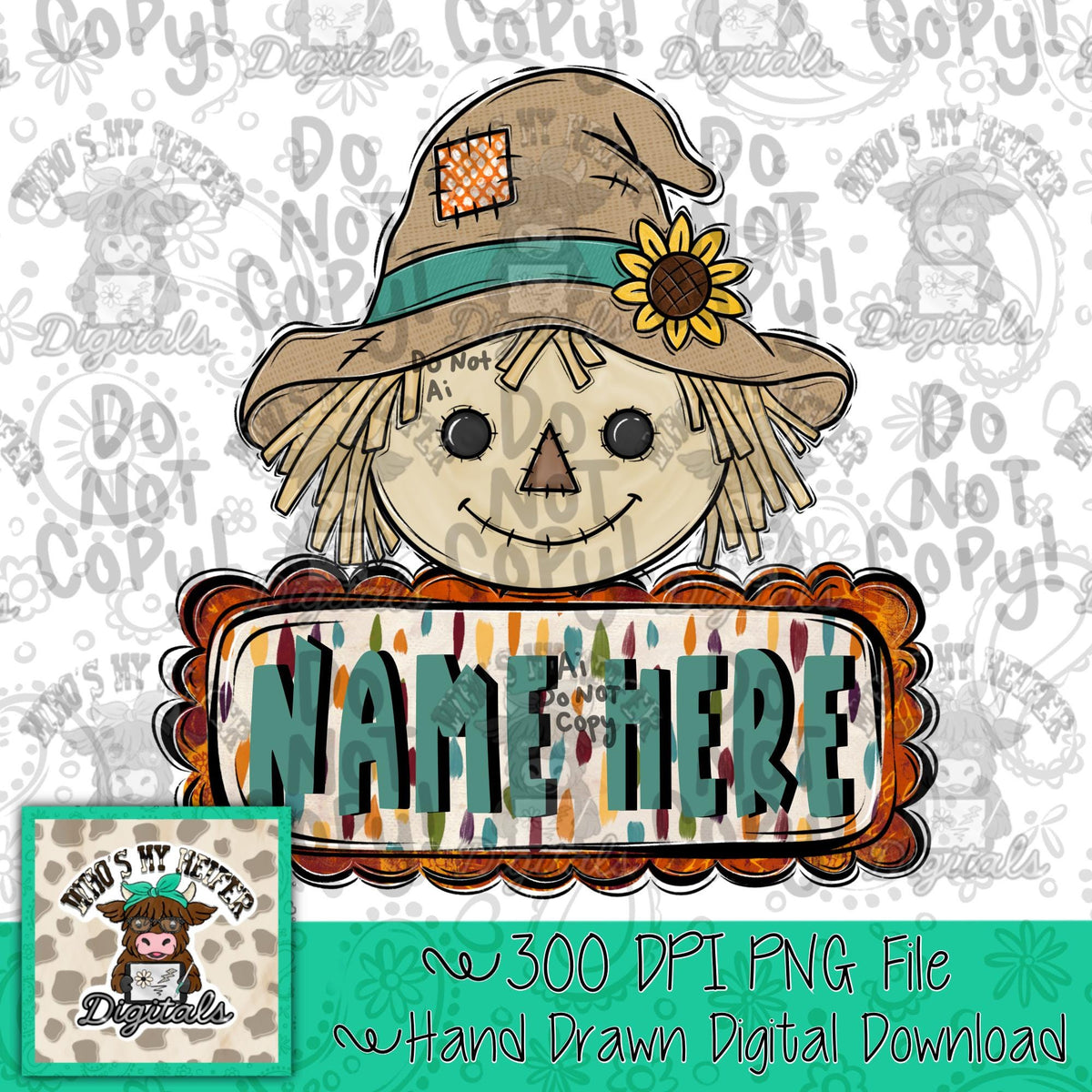 Whimsical Scarecrow Sunflower with Name Block PNG Hand Drawn Scarecrow Sublimation File Girl Fall Theme Shirt Design Thanksgiving Digital