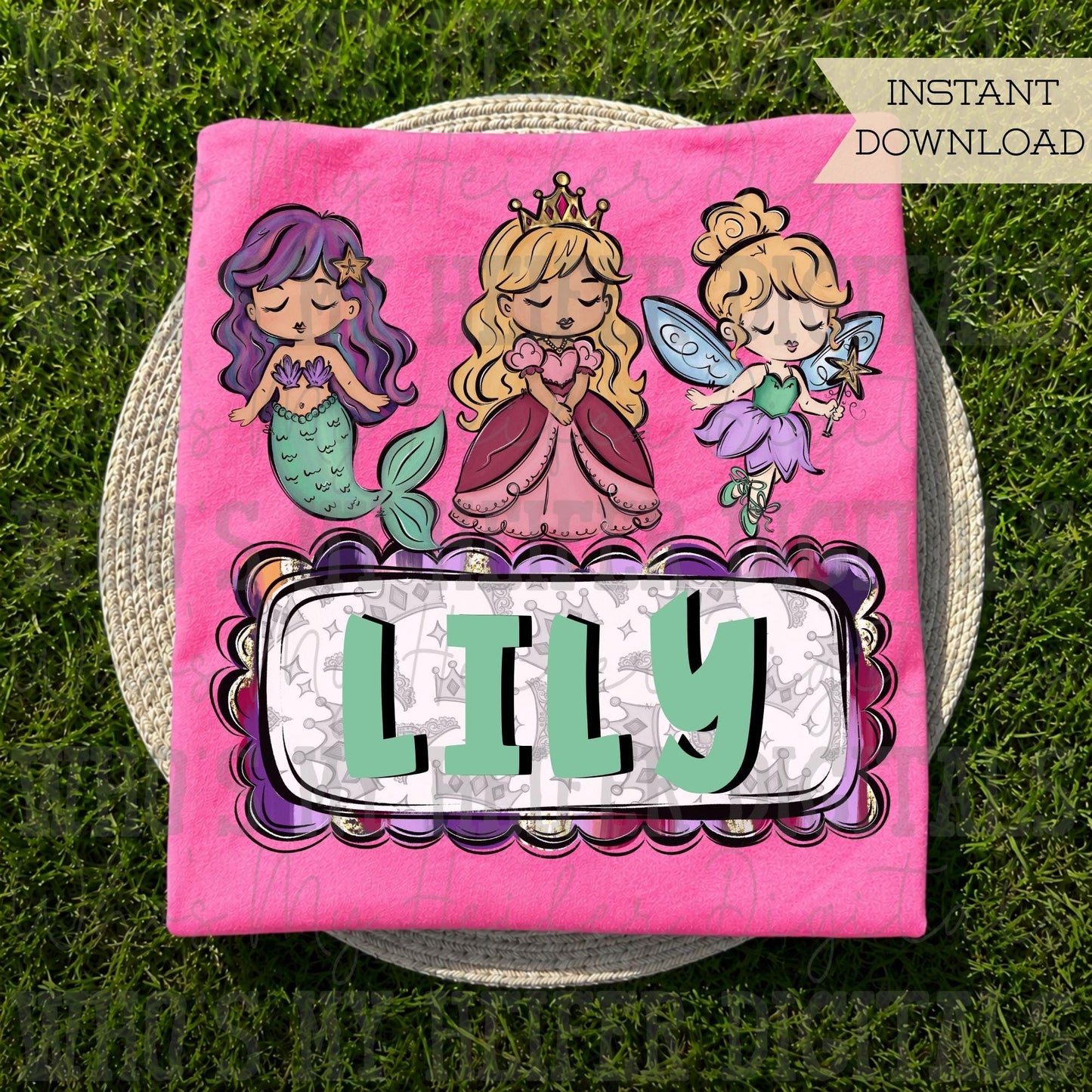 Fairy Tale Trio Name Patch PNG Hand Drawn Princess Mermaid & Fairy Sublimation File Girl Bedtime Story Theme Shirt Design Girly Halloween