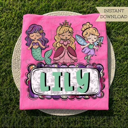 Fairy Tale Trio Name Patch PNG Hand Drawn Princess Mermaid & Fairy Sublimation File Girl Bedtime Story Theme Shirt Design Girly Halloween