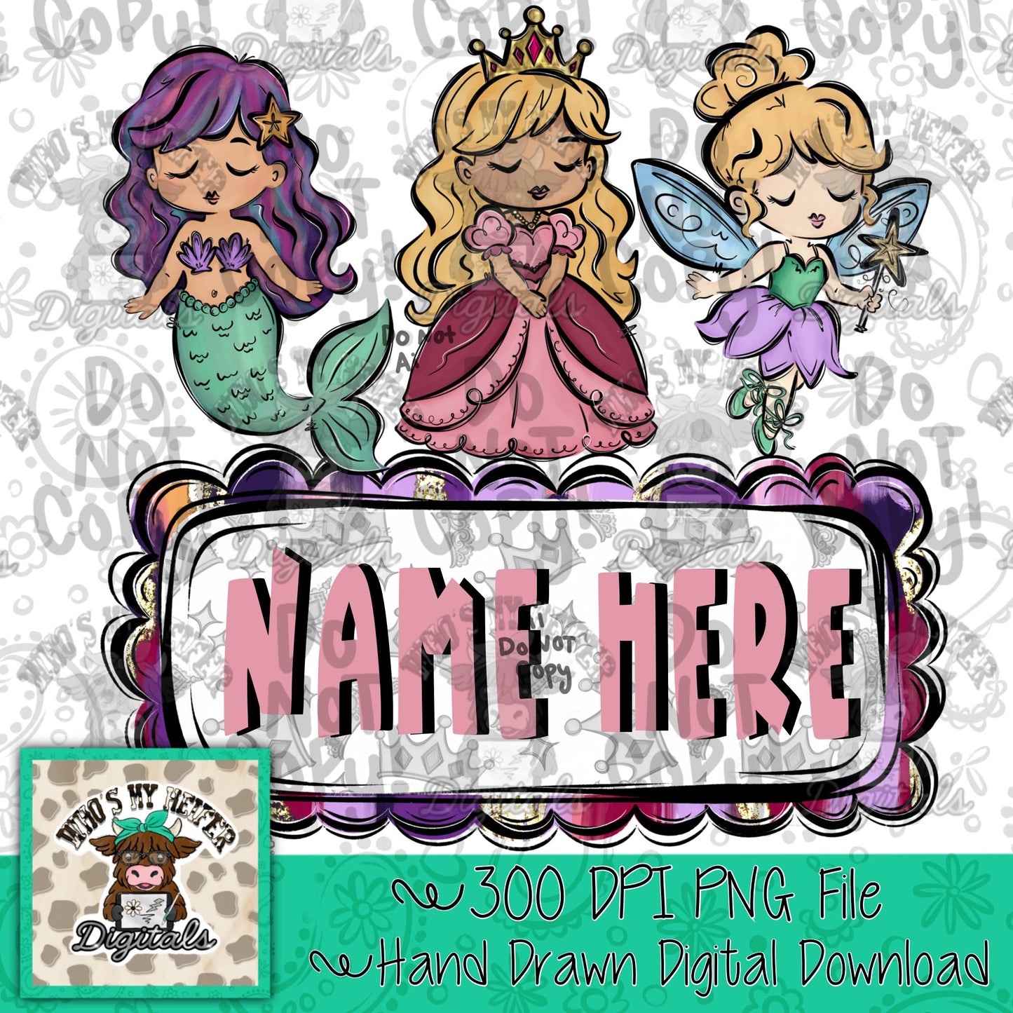 Fairy Tale Trio Name Patch PNG Hand Drawn Princess Mermaid & Fairy Sublimation File Girl Bedtime Story Theme Shirt Design Girly Halloween