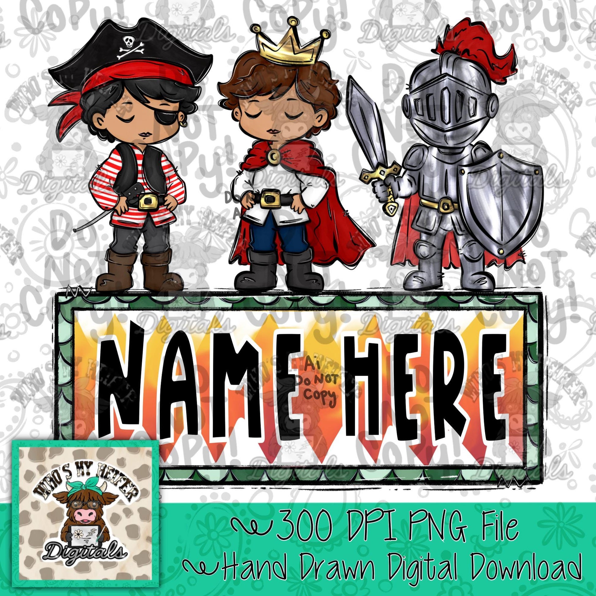 Boy Costume Trio Name Patch PNG Hand Drawn Prince Knight & Pirate Sublimation File Boy Bedtime Story Theme Digital Art Halloween Boy Shirt