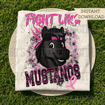 Retro Fight Like Mustangs PNG Hand Drawn Distressed Mustang & Pink Hat Sublimation File Breast Cancer Shirt Design School Spirit Mascot DTF