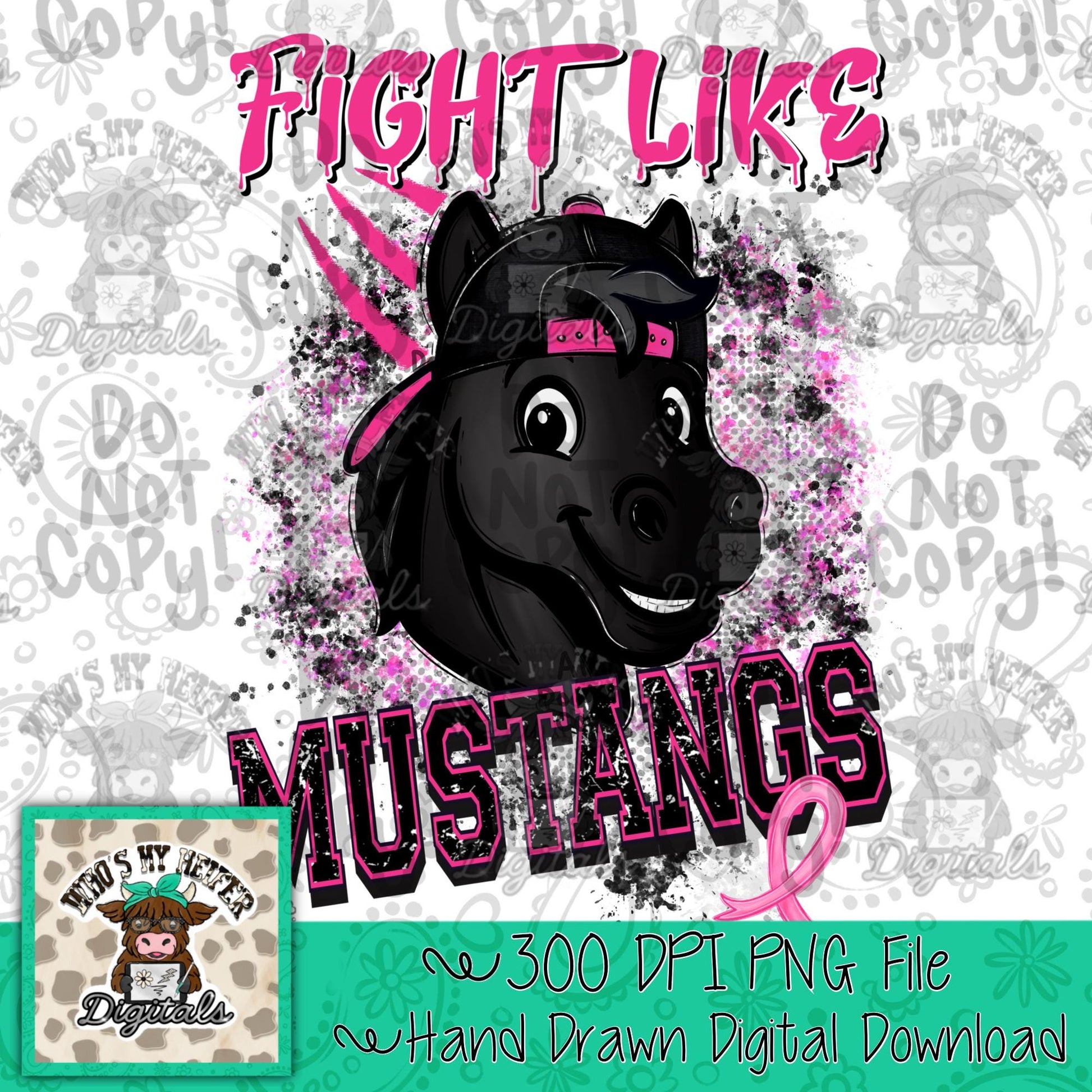 Retro Fight Like Mustangs PNG Hand Drawn Distressed Mustang & Pink Hat Sublimation File Breast Cancer Shirt Design School Spirit Mascot DTF