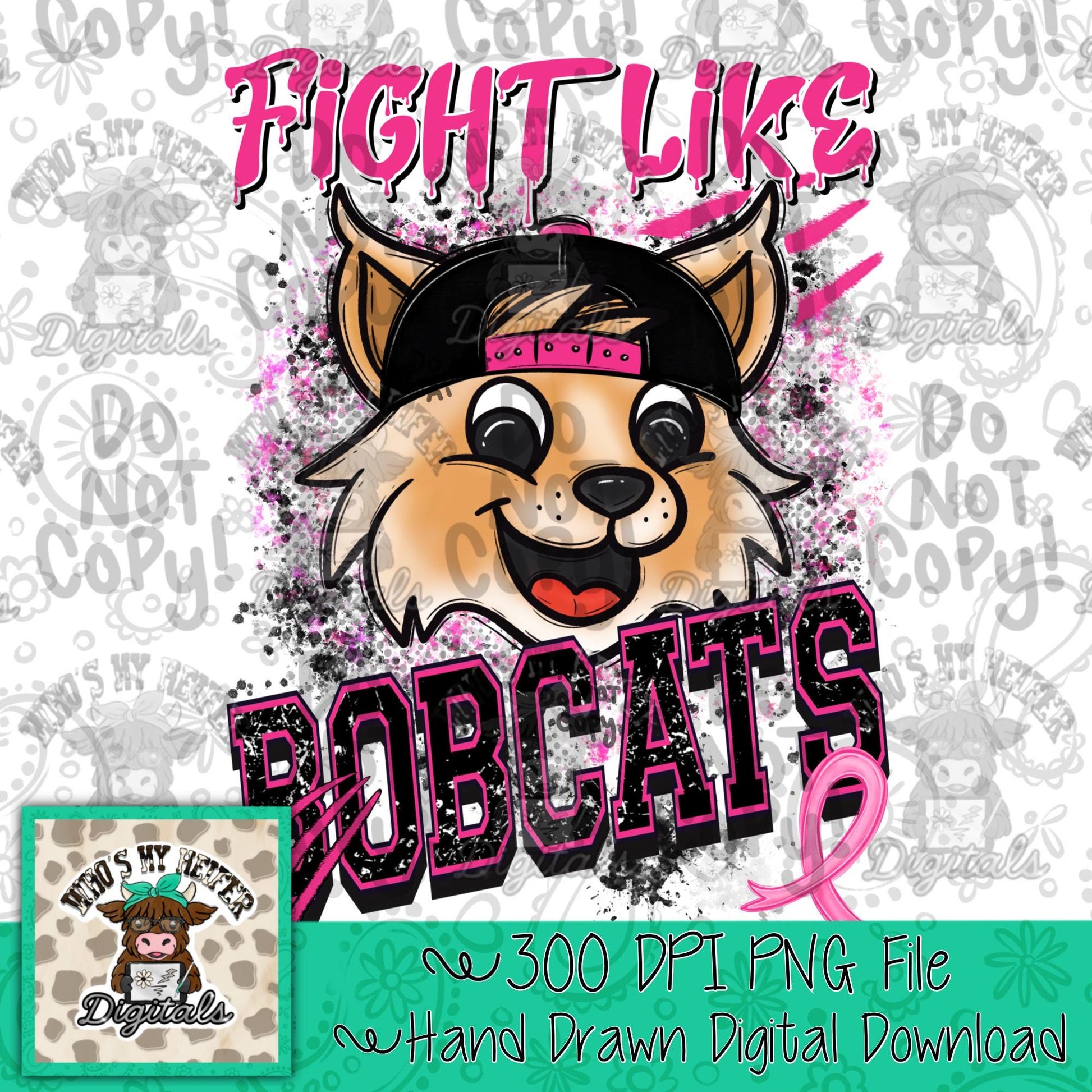 Retro Fight Like Bobcats PNG Hand Drawn Distressed Bobcat & Pink Hat Sublimation File Breast Cancer Shirt Design School Spirit Mascot DTF