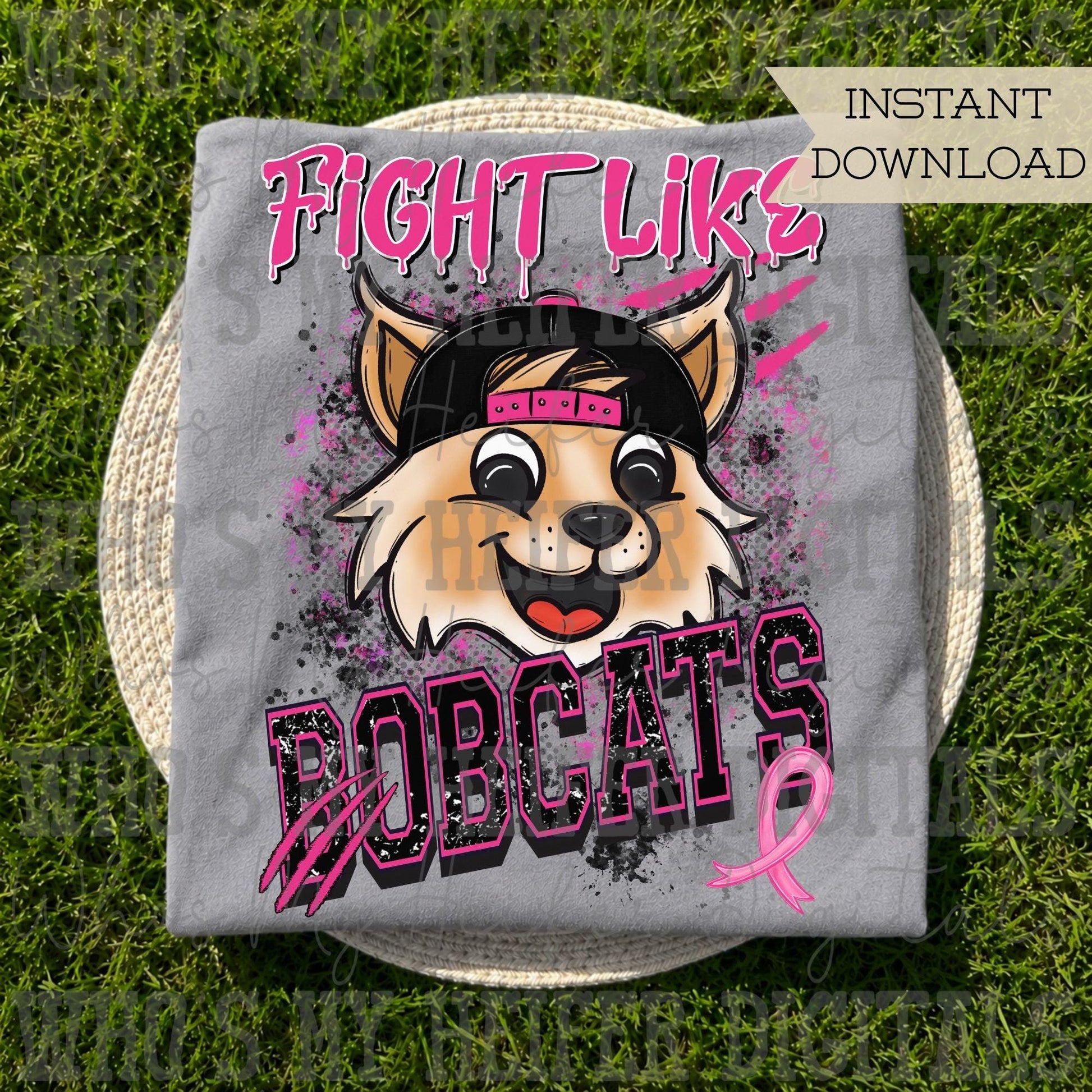 Retro Fight Like Bobcats PNG Hand Drawn Distressed Bobcat & Pink Hat Sublimation File Breast Cancer Shirt Design School Spirit Mascot DTF