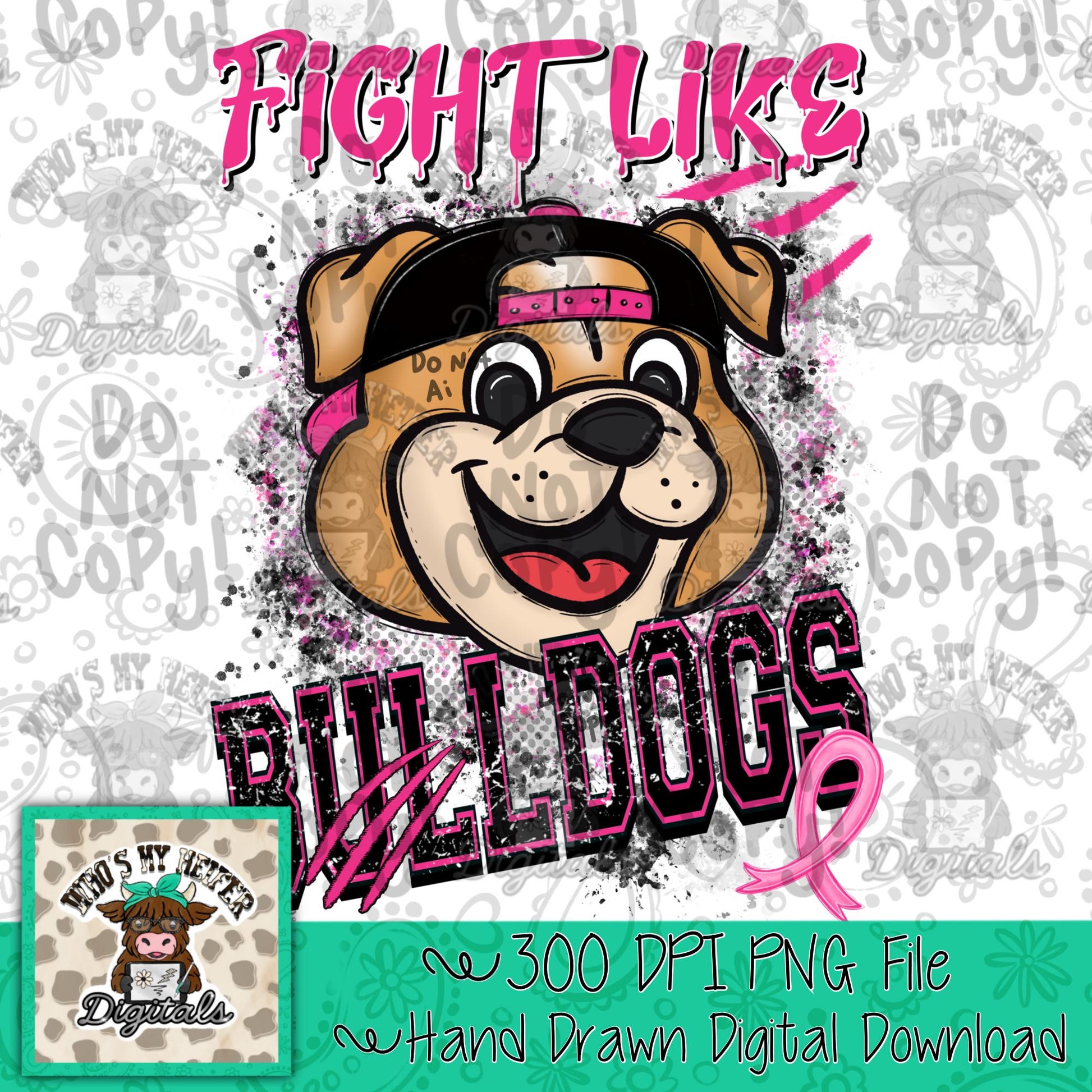 Retro Fight Like Bulldogs PNG Hand Drawn Distressed Bulldog & Pink Hat Sublimation File Breast Cancer Shirt Design School Spirit Mascot DTF