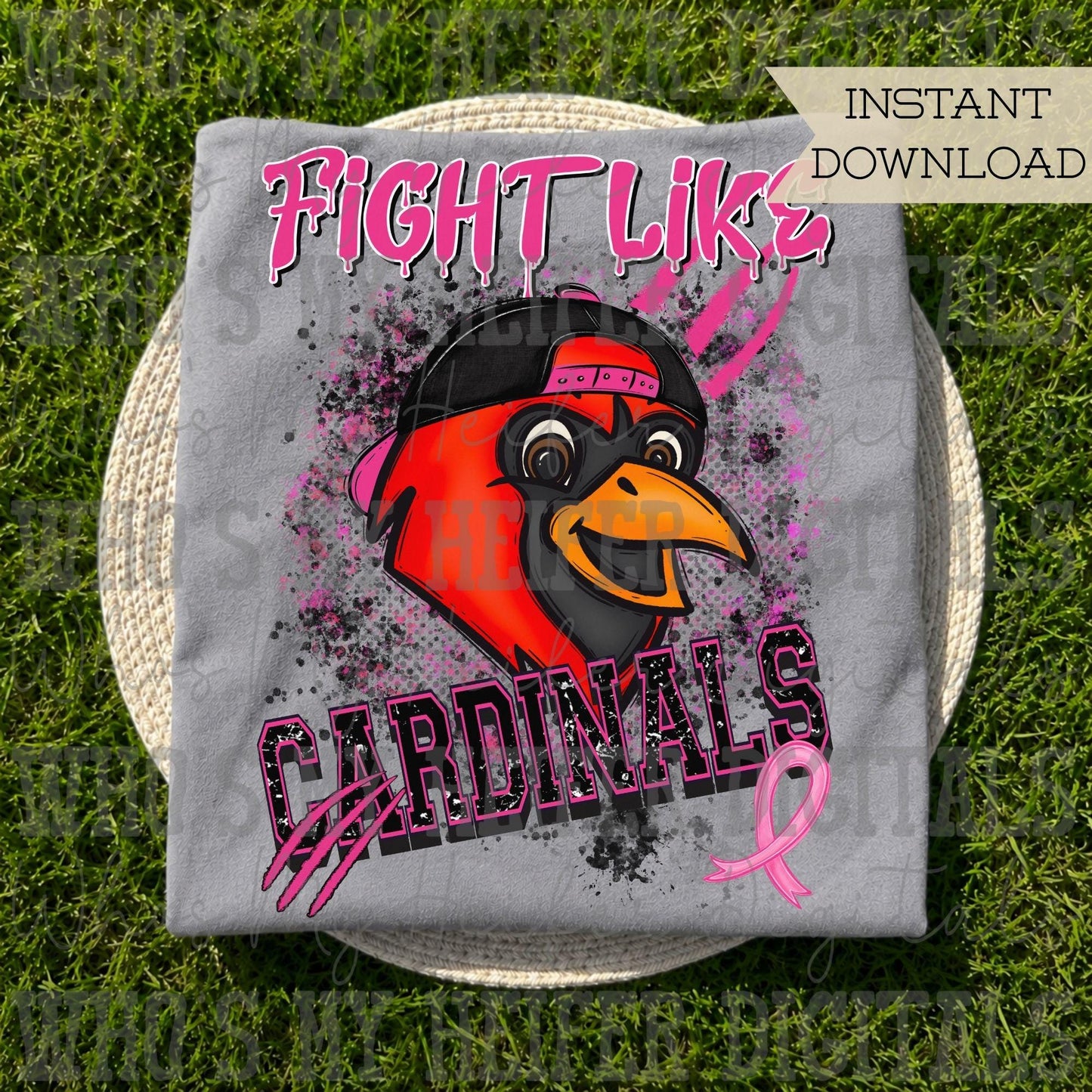 Retro Fight Like Cardinals PNG Hand Drawn Distressed Cardinal & Pink Hat Sublimation File Breast Cancer Shirt Design School Spirit Mascot