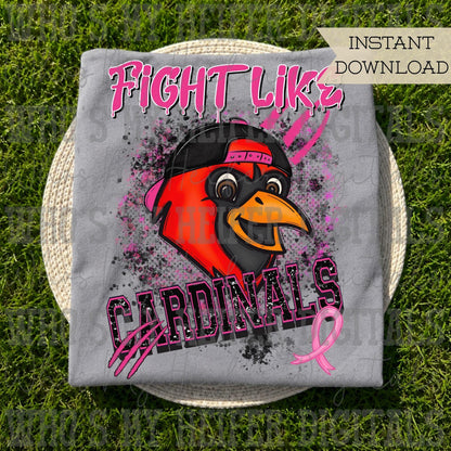 Retro Fight Like Cardinals PNG Hand Drawn Distressed Cardinal & Pink Hat Sublimation File Breast Cancer Shirt Design School Spirit Mascot