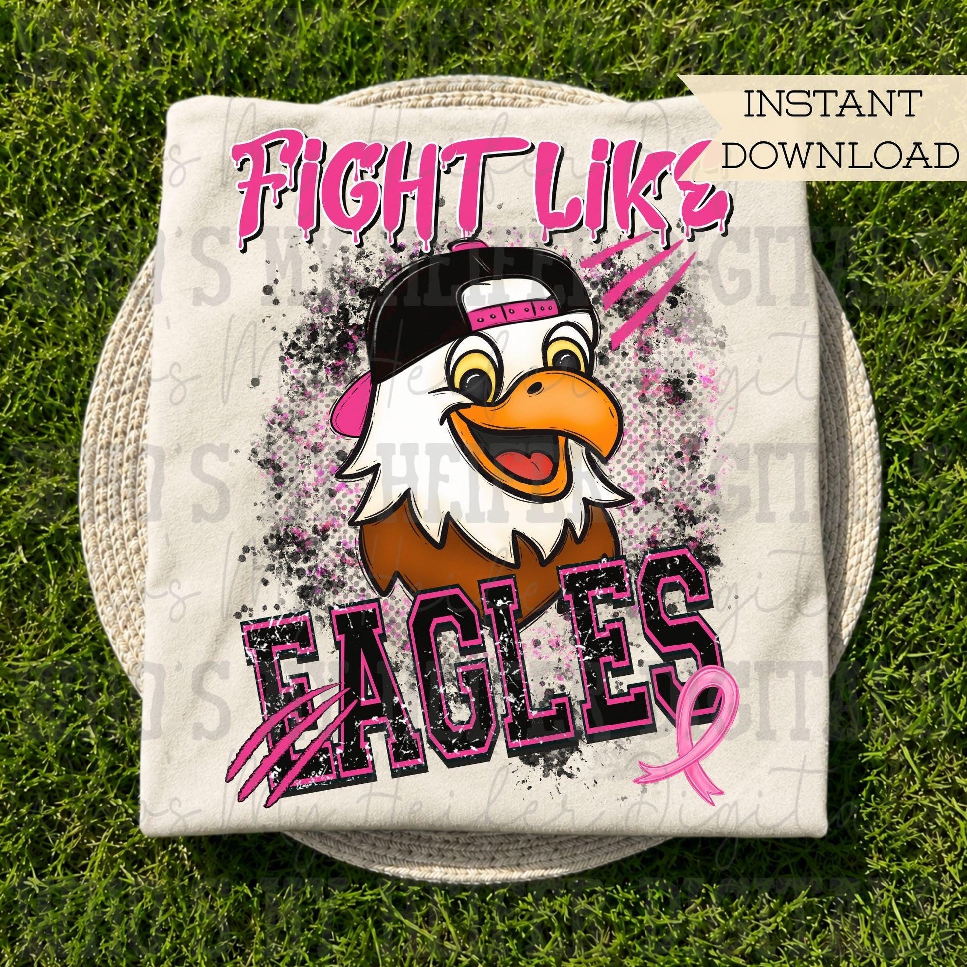 Retro Fight Like Eagles PNG Hand Drawn Distressed Eagle & Pink Hat Sublimation File Breast Cancer Shirt Design School Spirit Mascot