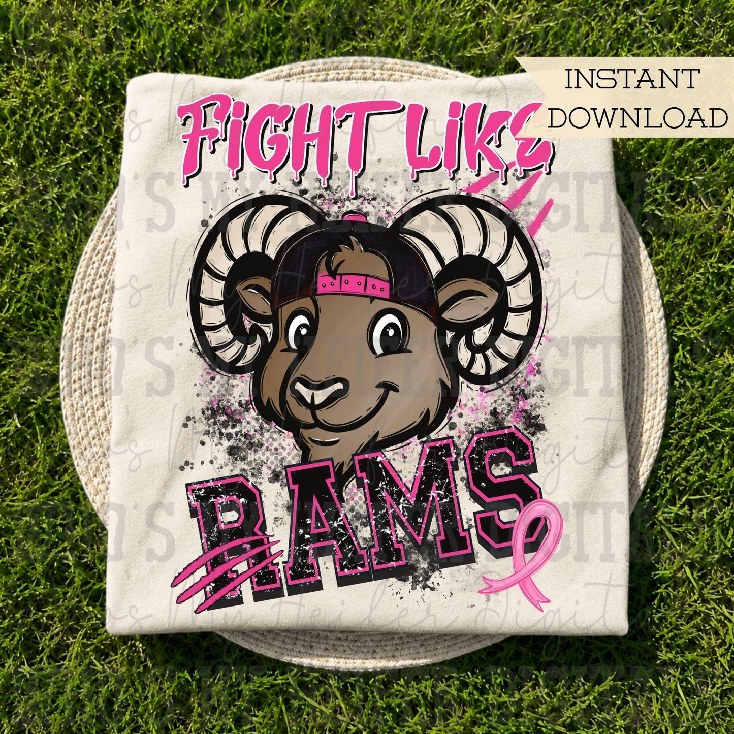 Retro Fight Like Rams PNG Hand Drawn Distressed Ram & Pink Hat Sublimation File Breast Cancer Shirt Design School Spirit Mascot DTF