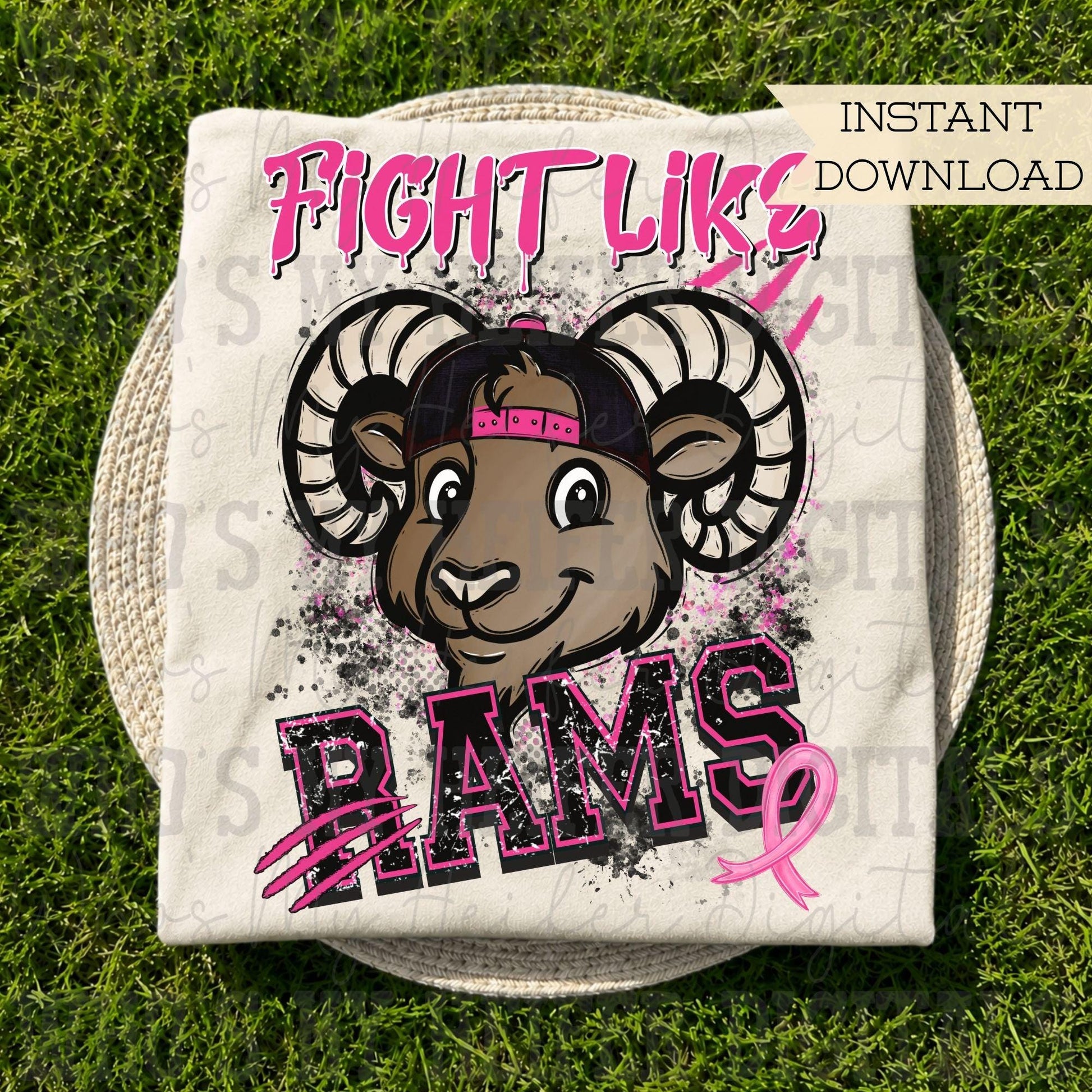 Retro Fight Like Rams PNG Hand Drawn Distressed Ram & Pink Hat Sublimation File Breast Cancer Shirt Design School Spirit Mascot DTF