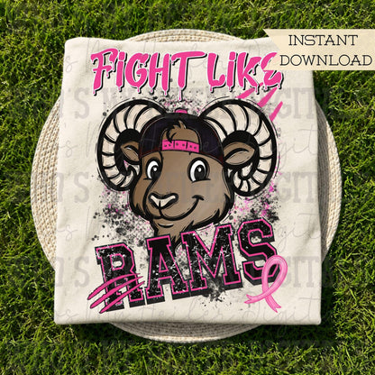 Retro Fight Like Rams PNG Hand Drawn Distressed Ram & Pink Hat Sublimation File Breast Cancer Shirt Design School Spirit Mascot DTF