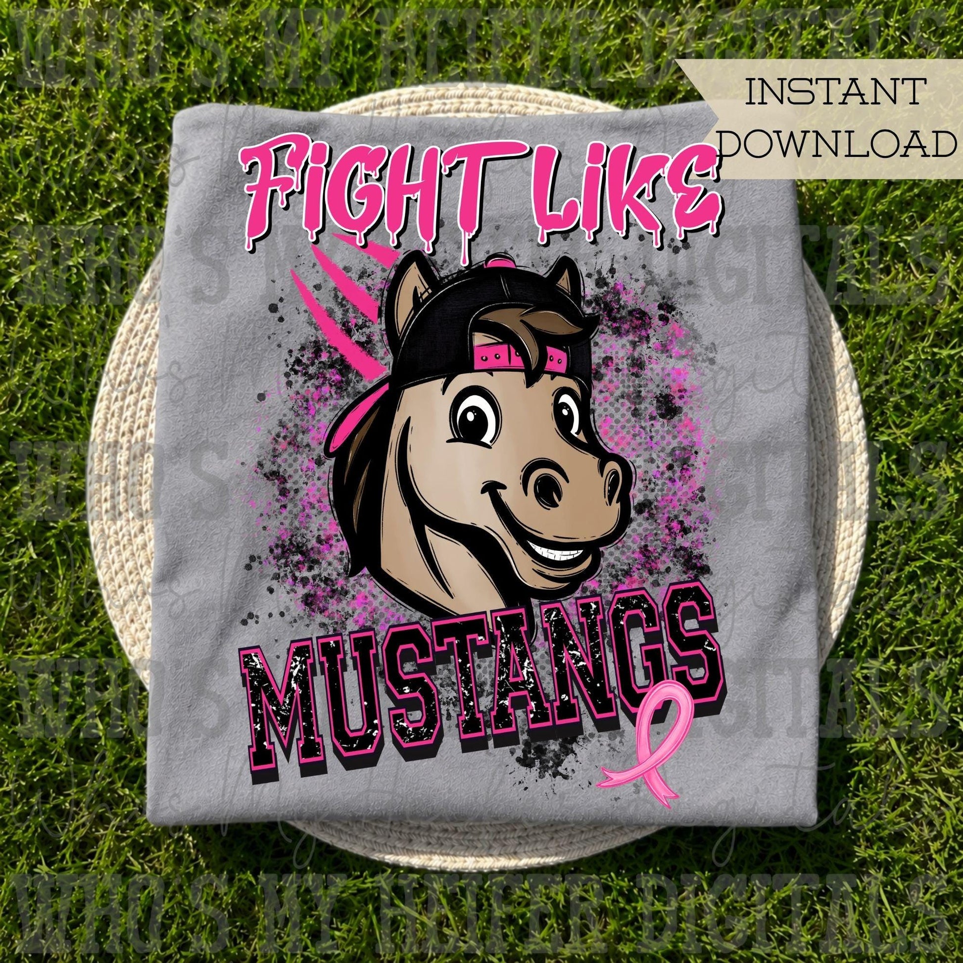 Retro Fight Like Mustangs PNG Hand Drawn Distressed Mustang & Pink Hat Sublimation File Breast Cancer Shirt Design School Spirit Mascot DTF