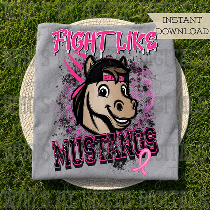 Retro Fight Like Mustangs PNG Hand Drawn Distressed Mustang & Pink Hat Sublimation File Breast Cancer Shirt Design School Spirit Mascot DTF