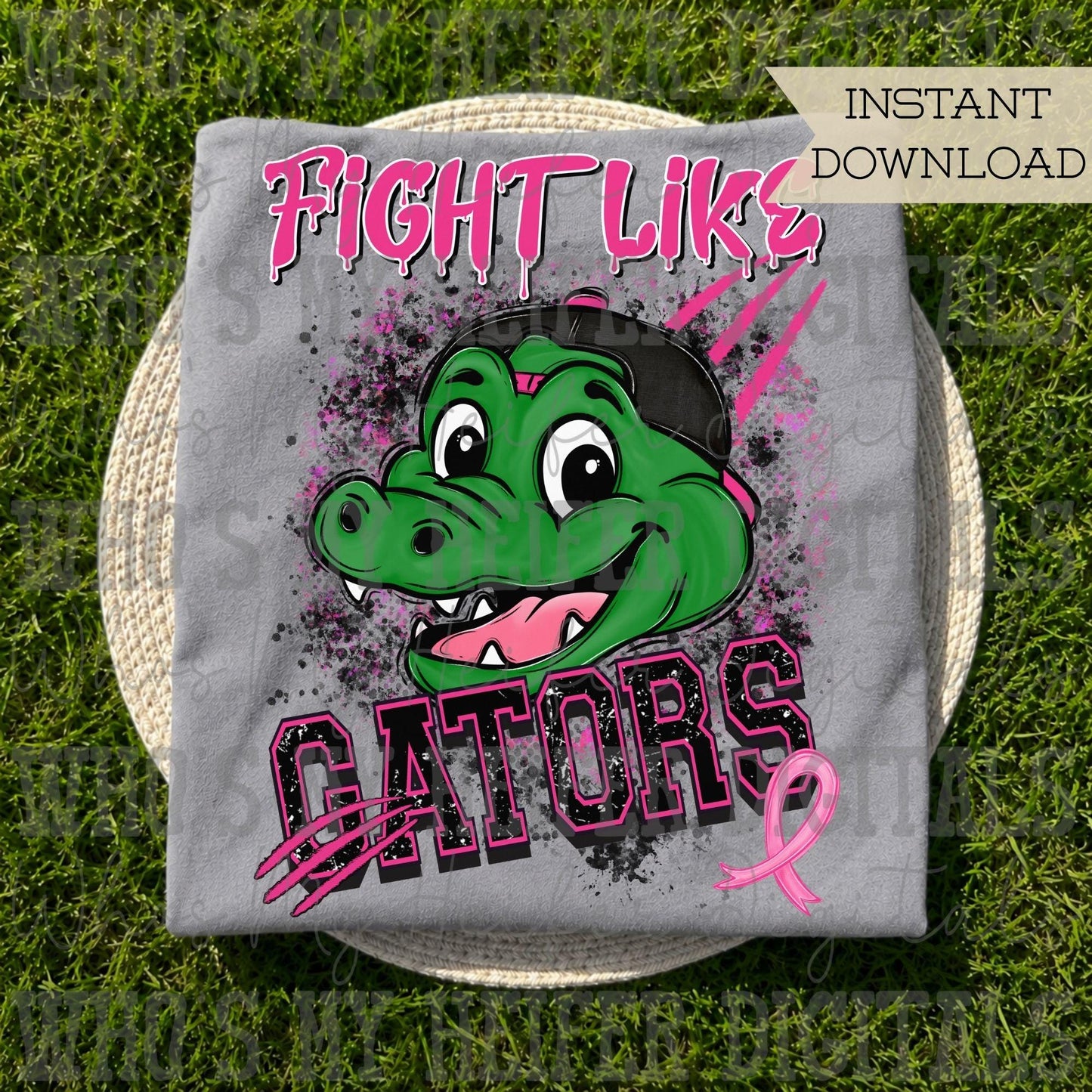 Retro Fight Like Gators PNG Hand Drawn Distressed Gator & Pink Hat Sublimation File Breast Cancer Shirt Design School Spirit Mascot DTF