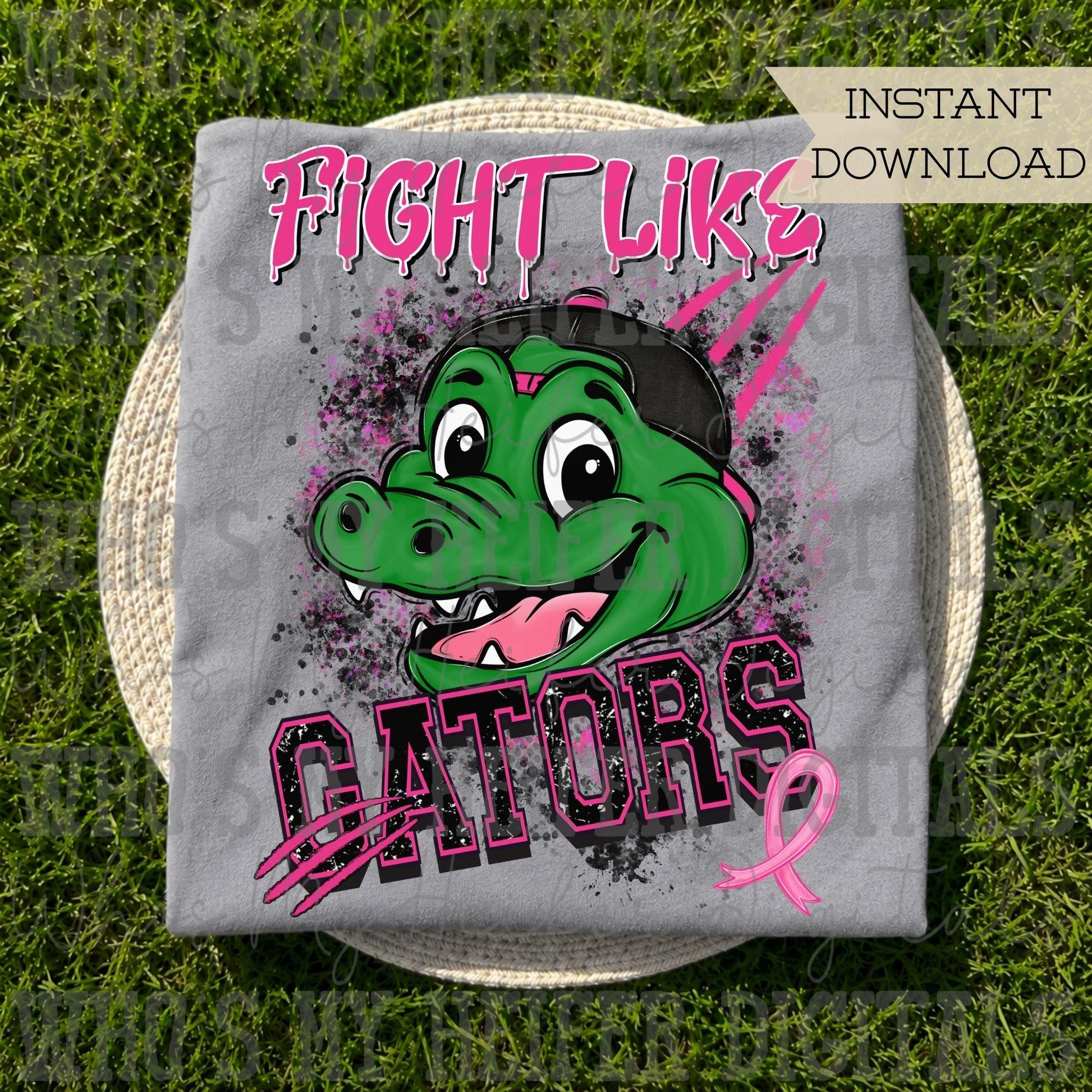 Retro Fight Like Gators PNG Hand Drawn Distressed Gator & Pink Hat Sublimation File Breast Cancer Shirt Design School Spirit Mascot DTF