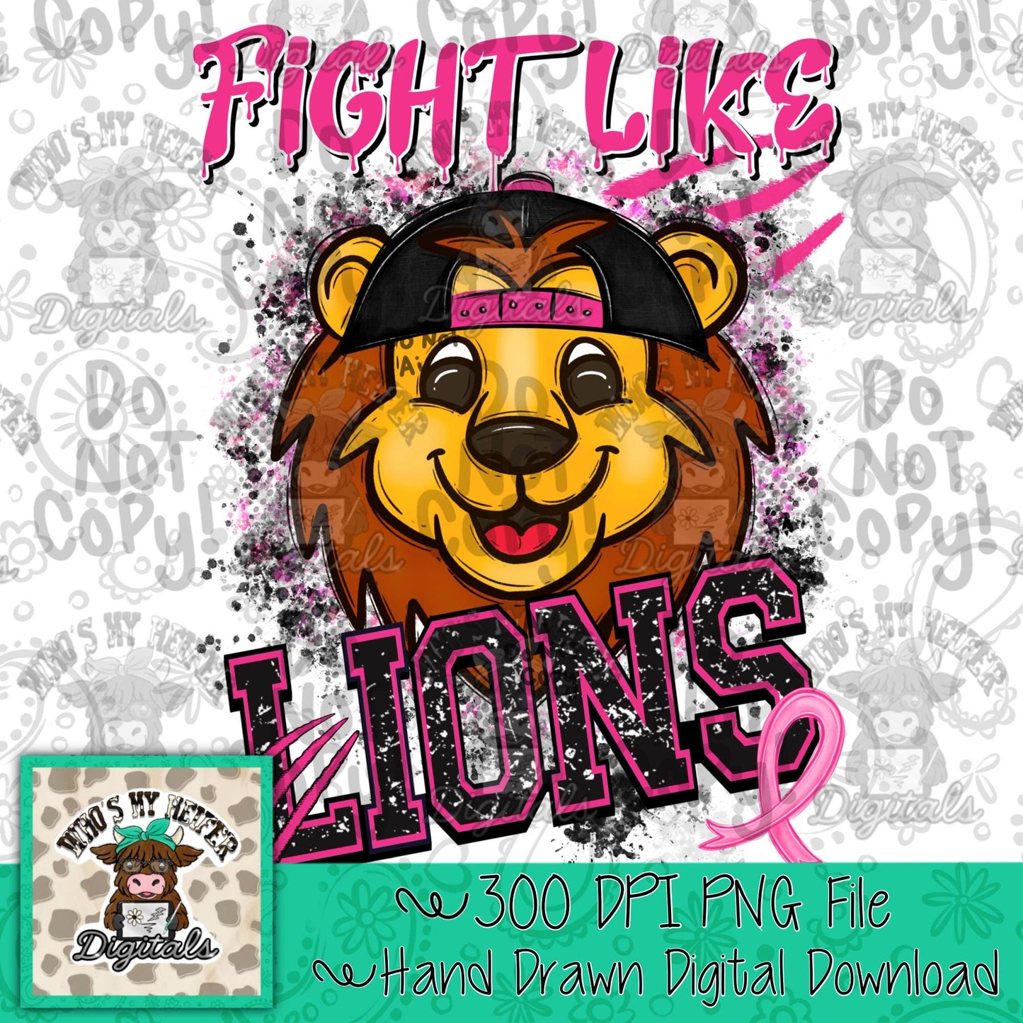 Retro Fight Like Lions PNG Hand Drawn Distressed Lion & Pink Hat Sublimation File Breast Cancer Shirt Design School Spirit Mascot DTF