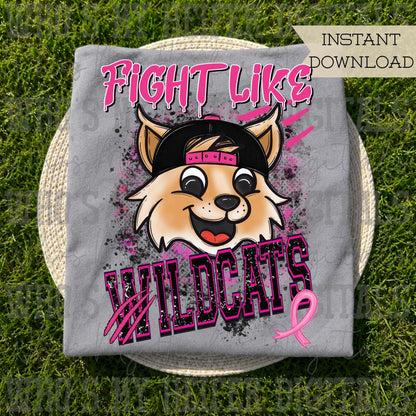 Retro Fight Like Wildcats PNG Hand Drawn Distressed Wildcat & Pink Hat Sublimation File Breast Cancer Shirt Design School Spirit Mascot DTF