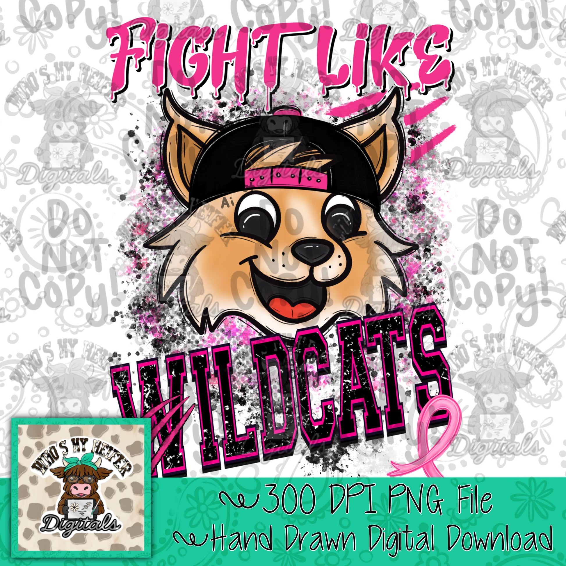 Retro Fight Like Wildcats PNG Hand Drawn Distressed Wildcat & Pink Hat Sublimation File Breast Cancer Shirt Design School Spirit Mascot DTF