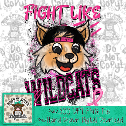 Retro Fight Like Wildcats PNG Hand Drawn Distressed Wildcat & Pink Hat Sublimation File Breast Cancer Shirt Design School Spirit Mascot DTF