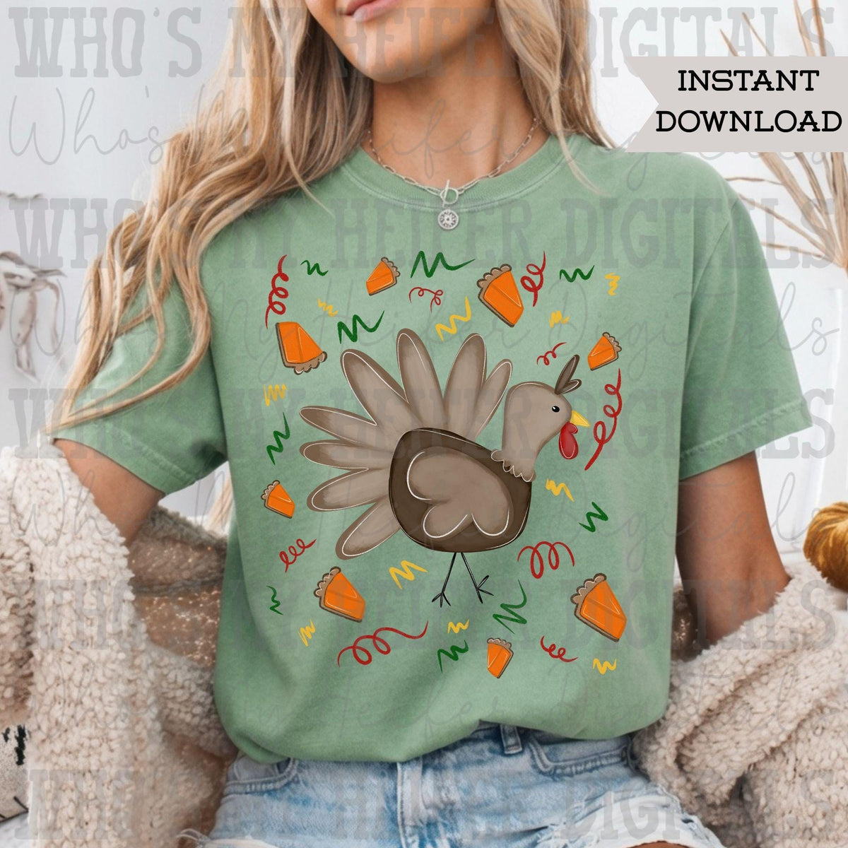 Wacky Turkey Doodle Art Hand Drawn Thanksgiving Turkey and Pie Digital Design Trendy Fall Kid Adult Shirt Design Preppy Girly Autumn DTF