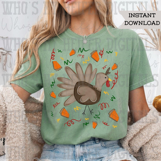 Wacky Turkey Doodle Art Hand Drawn Thanksgiving Turkey and Pie Digital Design Trendy Fall Kid Adult Shirt Design Preppy Girly Autumn DTF